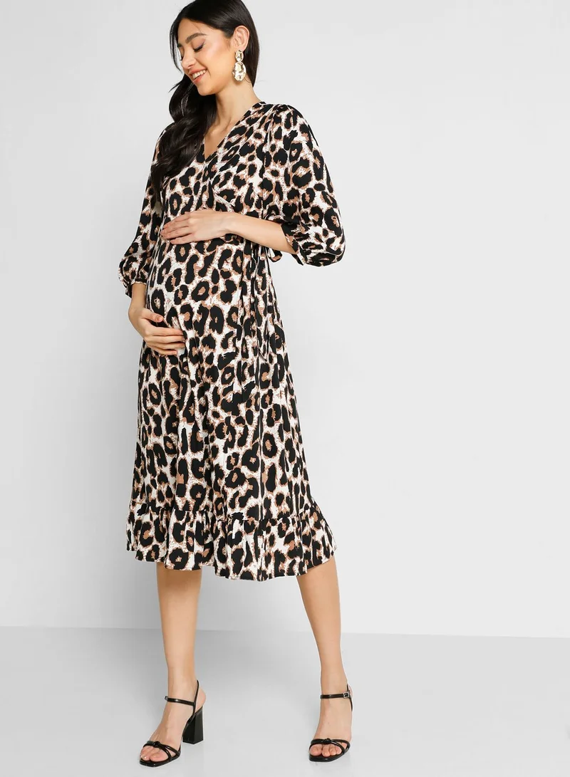 Only Maternity Tie Detail Ruffle Hem Wrap Dress