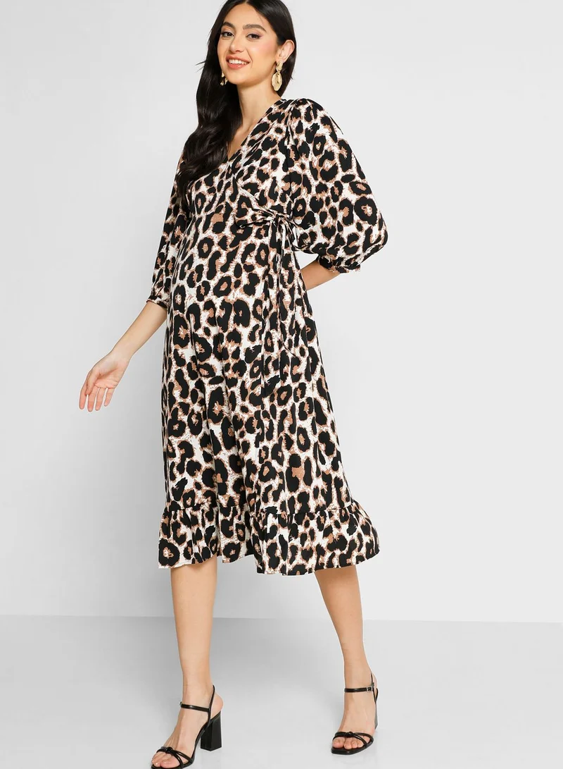 Only Maternity Tie Detail Ruffle Hem Wrap Dress