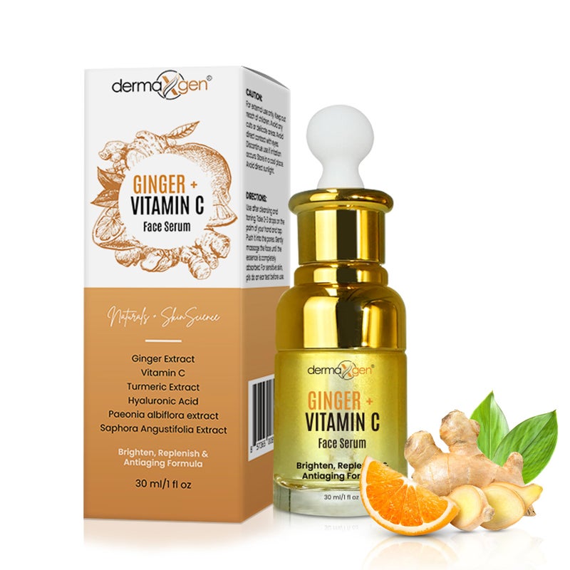Dermaxgen Ginger Vitamin C Serum for Face Organic Facial Serum with Hyaluronic Acid Turmeric Root Hydrating Moisturizer for Dull Dry Skin Reduces Acne Wrinkles Hyperpigmentation 1FL OZ