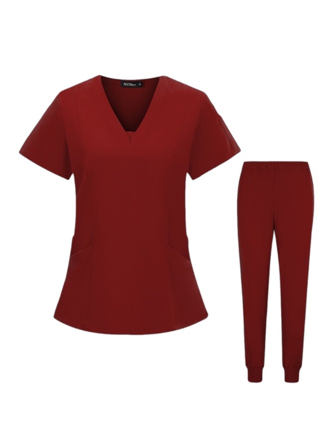 Loquat Womens Medical Scrubs Set Medical Uniform Set Wine Red - Image 1