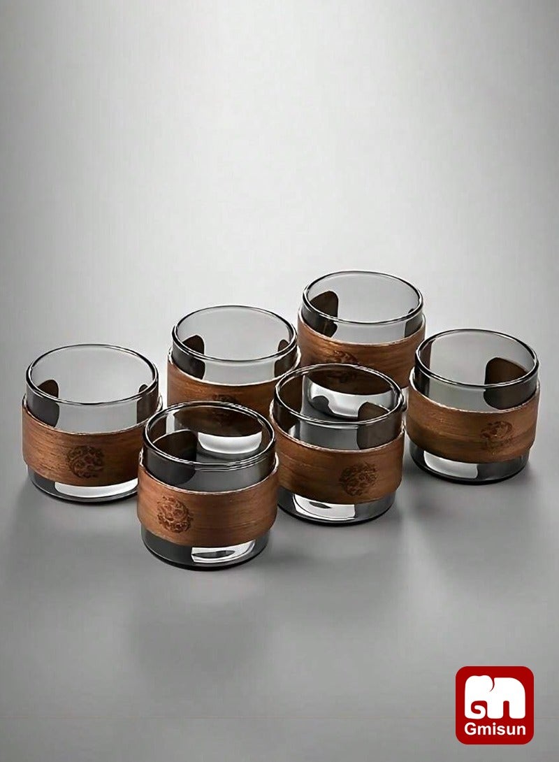 جميسون طقم أكواب شاي زجاجية من 6 قطع، كوب شاي صغير مع غلاف خشبي، كوب شاي وقهوة خفيف الوزن، 150 مل، رمادي فاتح - Image 2