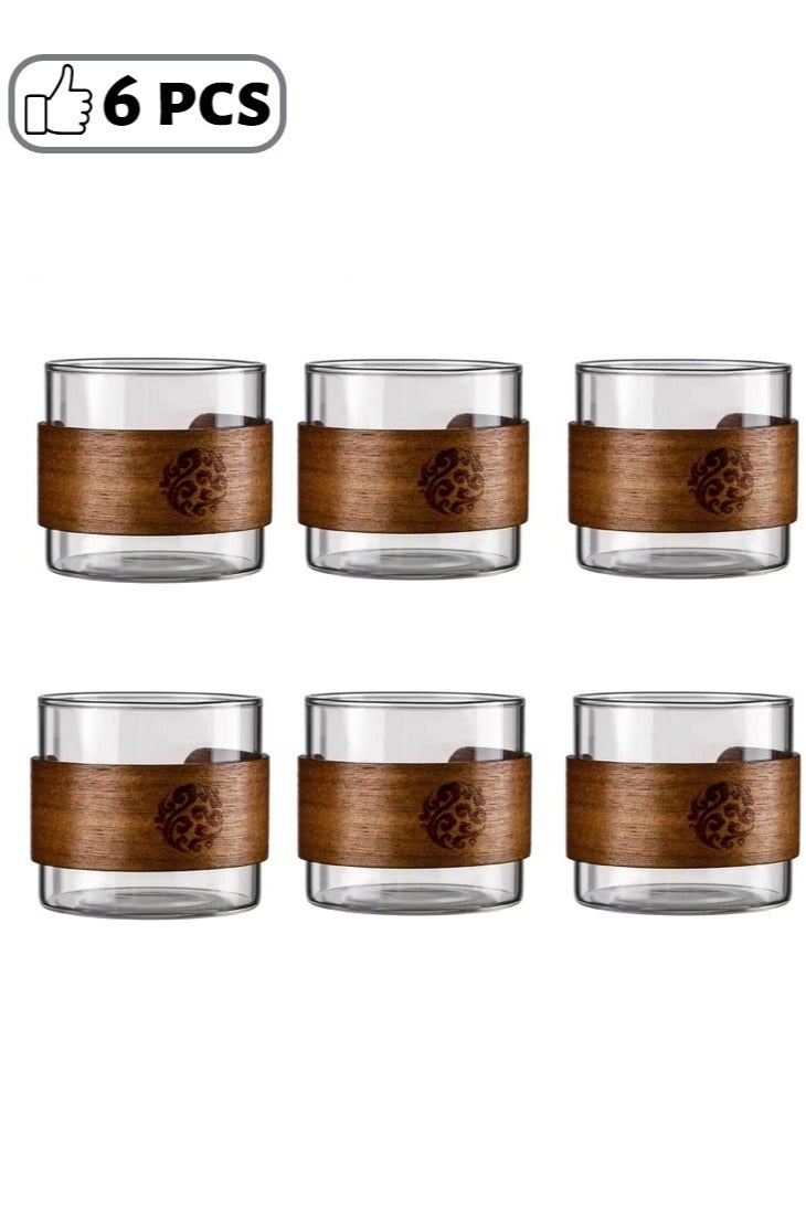 جميسون طقم أكواب شاي زجاجية من 6 قطع، كوب شاي صغير مع غلاف خشبي، كوب شاي وقهوة خفيف الوزن، 150 مل، رمادي فاتح - Image 1