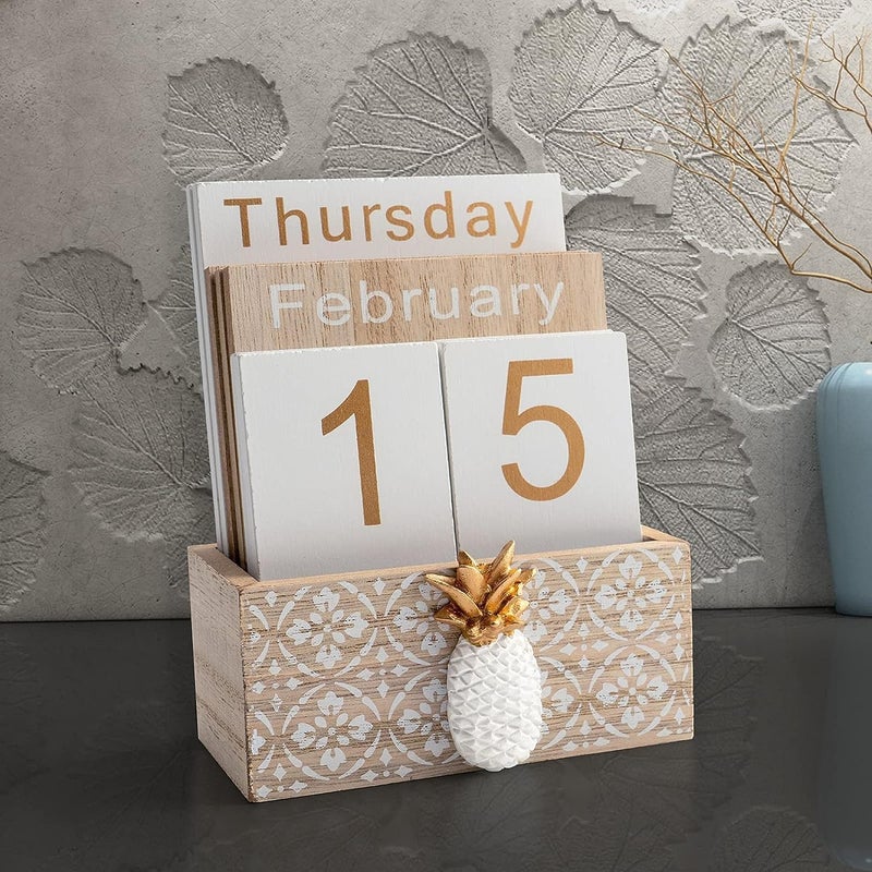 Vintage Wood Pineapple Block Desktop Perpetual Calendar, Retro Calendar for Living Room, Office, Desk Decor, Home Decoration, Week Month Day Display, Flip Calendar - Image 1
