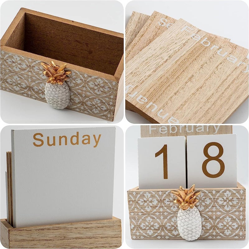 Vintage Wood Pineapple Block Desktop Perpetual Calendar, Retro Calendar for Living Room, Office, Desk Decor, Home Decoration, Week Month Day Display, Flip Calendar - Image 2