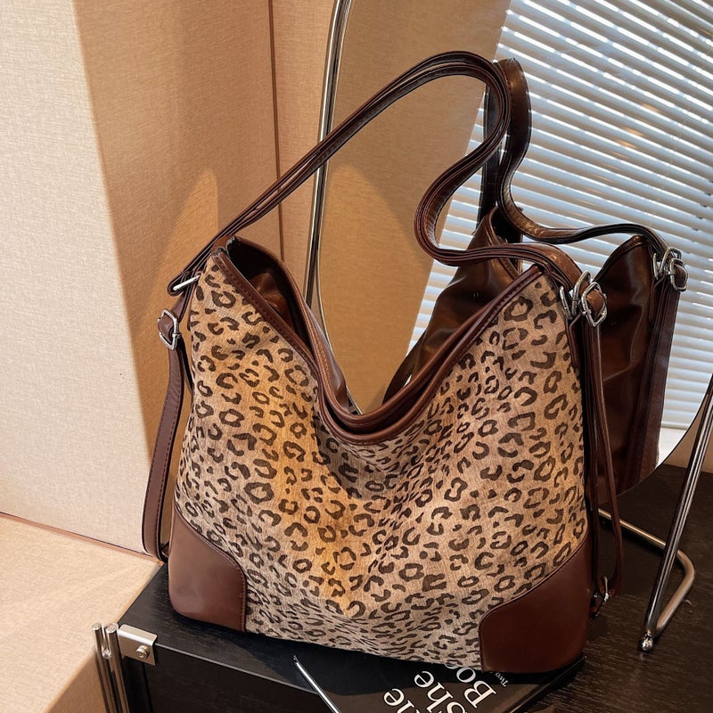 Vintage Leopard Print Small Bag Women'S 2024 Winter New Fashion Shoulder Crossbody Bag Large Capacity Suede Tote Bag - Image 2