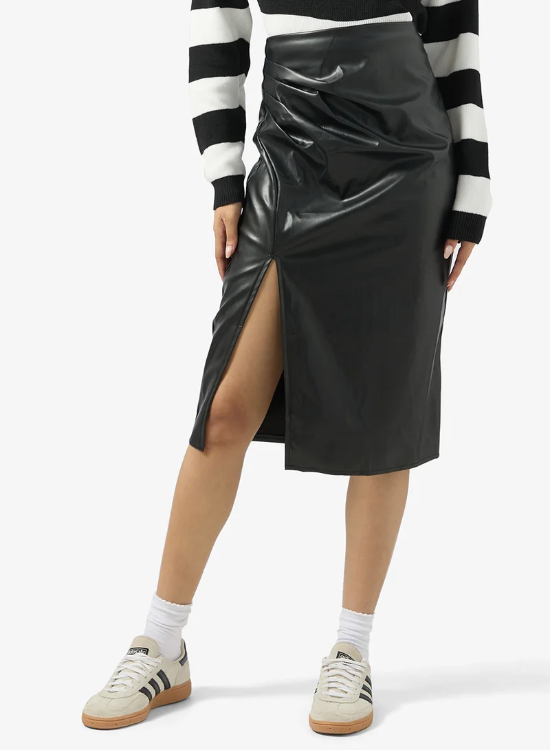 Ginger PU Leather Midi Skirt with Slit