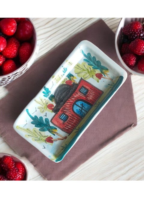 Pottery and porcelain plate for serving food and decoration. Oven and microwave safe. Hand-painted. Width 20 cm, Length 10 cm.