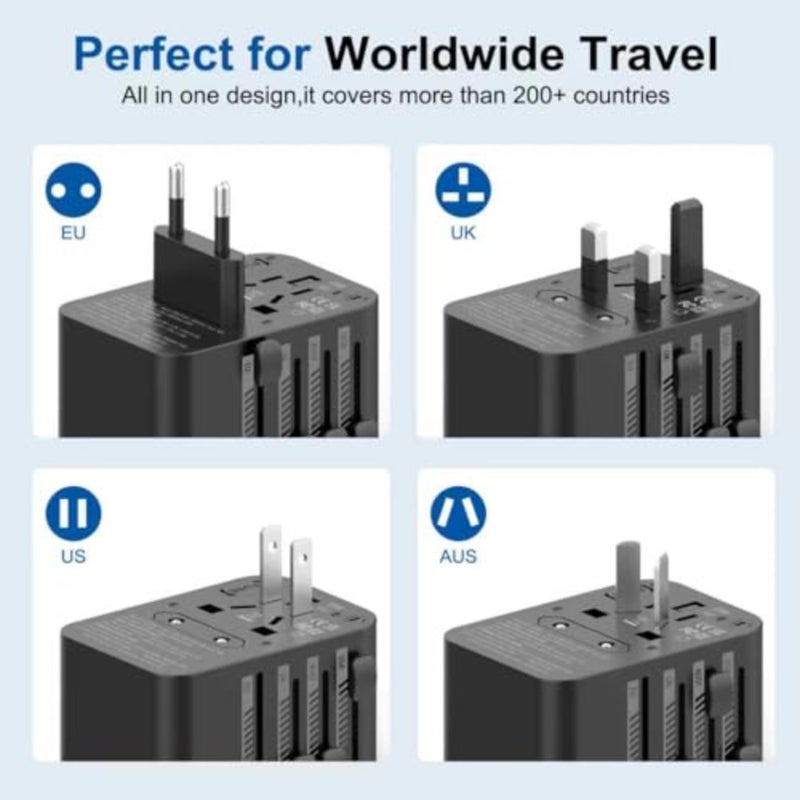 محول سفر عالمي، شحن سريع من النوع C بقدرة 35 وات، 4 منافذ USB، متوافق مع منافذ المملكة المتحدة/الاتحاد الأوروبي/الولايات المتحدة/أستراليا، شاحن مقبس الكمبيوتر المحمول اللوحي المحمول، محول عالمي، أسود - Image 3