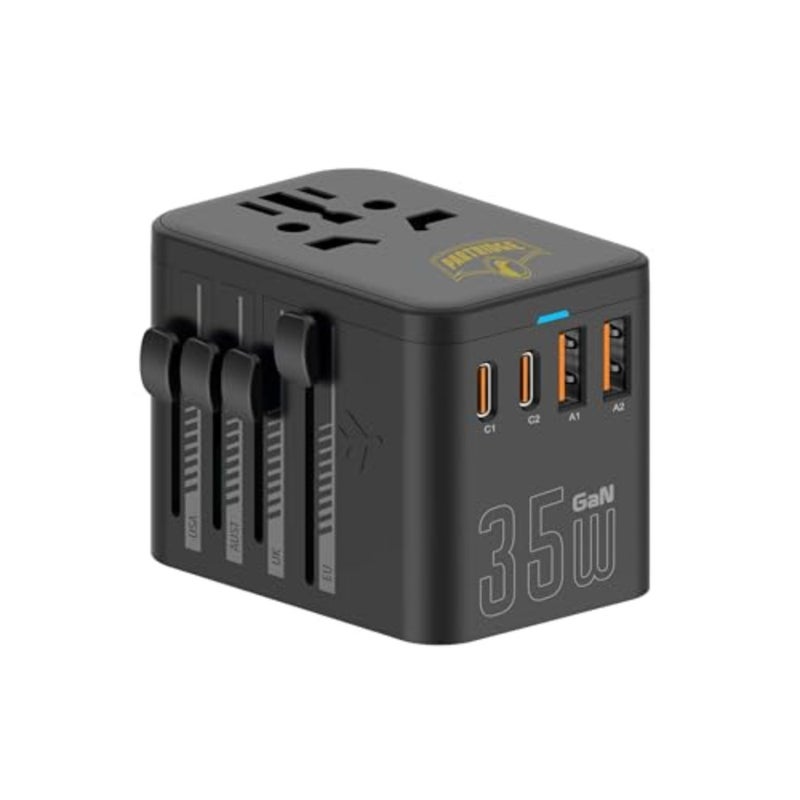 محول سفر عالمي، شحن سريع من النوع C بقدرة 35 وات، 4 منافذ USB، متوافق مع منافذ المملكة المتحدة/الاتحاد الأوروبي/الولايات المتحدة/أستراليا، شاحن مقبس الكمبيوتر المحمول اللوحي المحمول، محول عالمي، أسود - Image 1