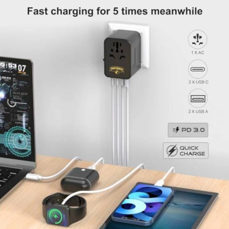 محول سفر عالمي، شحن سريع من النوع C بقدرة 35 وات، 4 منافذ USB، متوافق مع منافذ المملكة المتحدة/الاتحاد الأوروبي/الولايات المتحدة/أستراليا، شاحن مقبس الكمبيوتر المحمول اللوحي المحمول، محول عالمي، أسود - Image 5