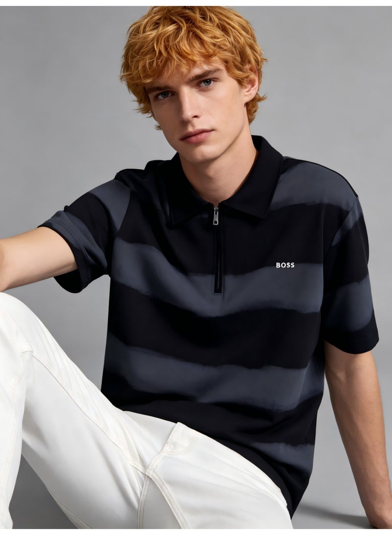 BOSS Men's Half-Zip Polo Shirt, Tie-Dye Stripe Short Sleeve Top, Breathable Casual Sportswear for Everyday & Streetwear - Black/Grey - Image 2