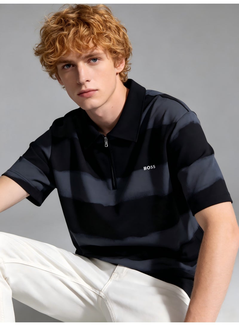 BOSS Men's Half-Zip Polo Shirt, Tie-Dye Stripe Short Sleeve Top, Breathable Casual Sportswear for Everyday & Streetwear - Black/Grey - Image 3