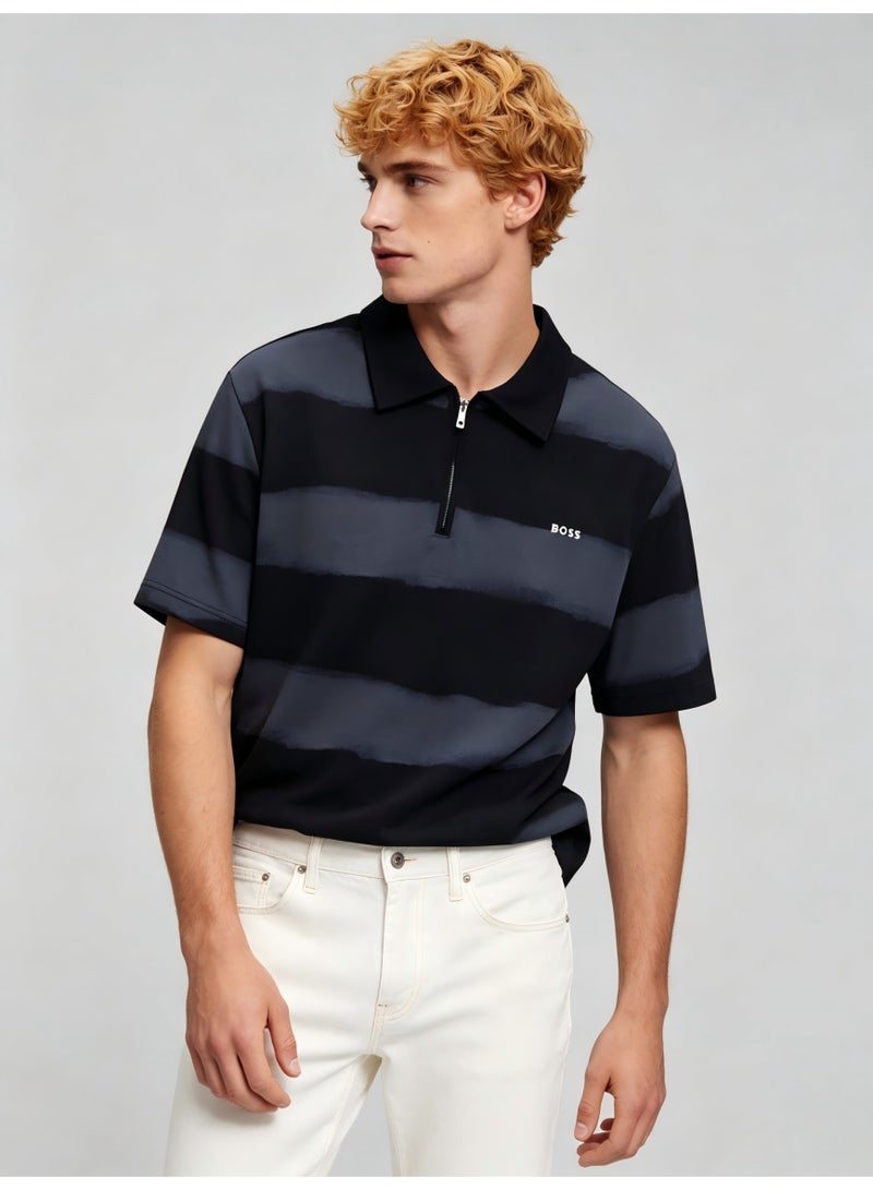 BOSS Men's Half-Zip Polo Shirt, Tie-Dye Stripe Short Sleeve Top, Breathable Casual Sportswear for Everyday & Streetwear - Black/Grey - Image 1