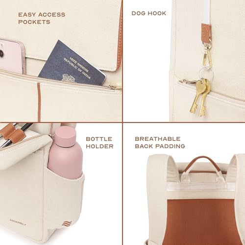 THE ASSEMBLY Assembly Iris Backpack for Women, Cotton Canvas with Leatherette, Felt-Lined 15.6" Laptop Sleeve, Hidden Pocket & Trolley Sleeve Biege - Image 3
