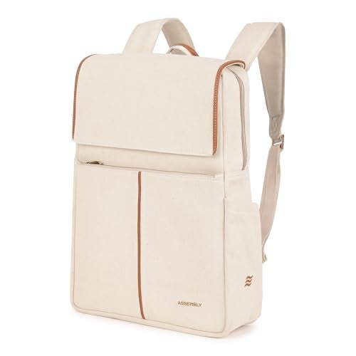 THE ASSEMBLY Assembly Iris Backpack for Women, Cotton Canvas with Leatherette, Felt-Lined 15.6" Laptop Sleeve, Hidden Pocket & Trolley Sleeve Biege - Image 1