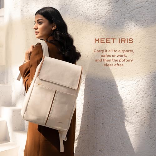 THE ASSEMBLY Assembly Iris Backpack for Women, Cotton Canvas with Leatherette, Felt-Lined 15.6" Laptop Sleeve, Hidden Pocket & Trolley Sleeve Biege - Image 2