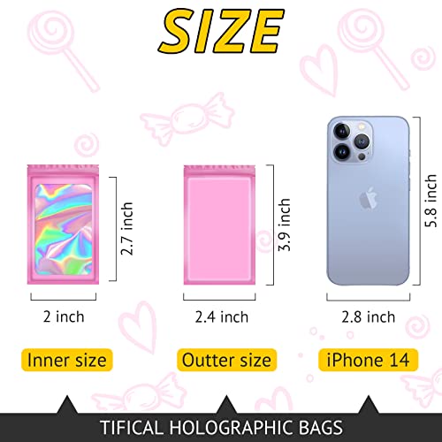 TIFICAL-Mylar-Bags, 100 PCS Holographic 2.4x3.9 Inch | Small Mylar Pouches, Resealable Bags for Small Business, Mini Pink Ziplock Bag, Bracelet Pouch, Jewelry Sleeves, Sample Packs - Image 2