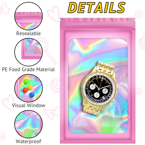 TIFICAL-Mylar-Bags, 100 PCS Holographic 2.4x3.9 Inch | Small Mylar Pouches, Resealable Bags for Small Business, Mini Pink Ziplock Bag, Bracelet Pouch, Jewelry Sleeves, Sample Packs - Image 3