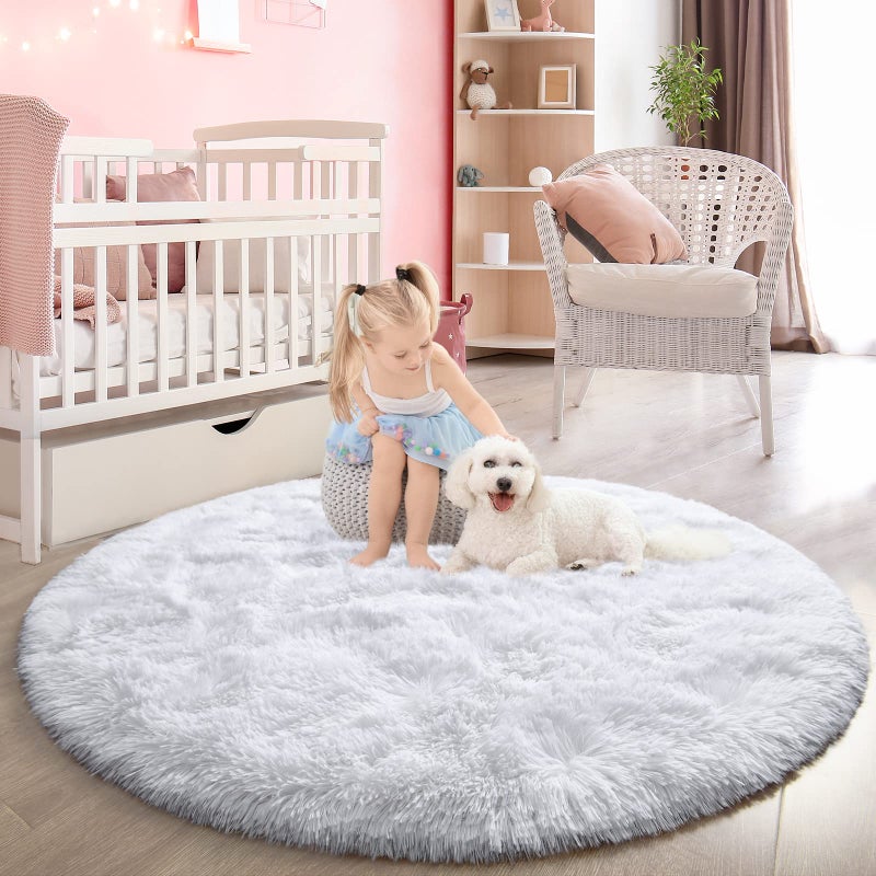 FlyDOIT White Round Rug for Bedroom Super Fluffy Circle Rugs for Baby Nursery 4X4 Feet Furry Carpet for Children Kids Room Cute Soft Shaggy Rug for Girls Home Decor Fuzzy Plush Carpets for Dorm