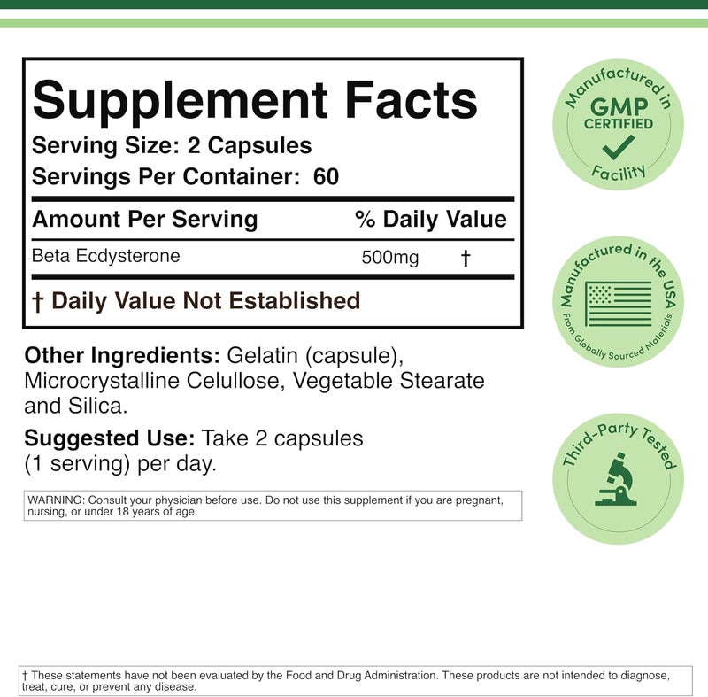 Double Wood Supplements Beta Ecdysterone Supplement  500mg Per Serving 120 Capsules 60 Servings Powerful Plant Anabolic to Support Mens Health NonGMO and Gluten Free by Double Wood - Image 2