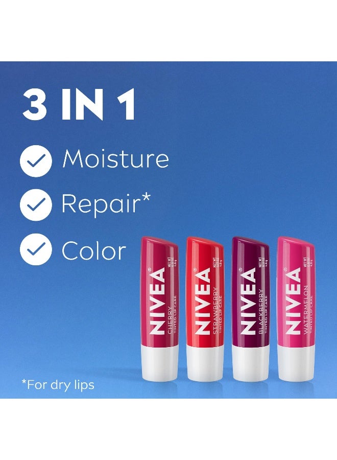 NIVEA Lip Care Fruity Tinted Lip Balm Variety Pack Cherry Strawberry Blackberry and Watermelon Flavors 3in1 Moisture Repair and Color 017 Oz Stick Pack of 4 - Image 3