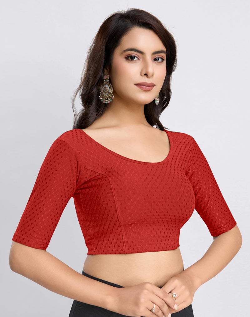 TRENDMALLS Women's Dobby Pure Cotton Elastin Stretchable Readymade Blouse (B01-Red-XL) - Image 3