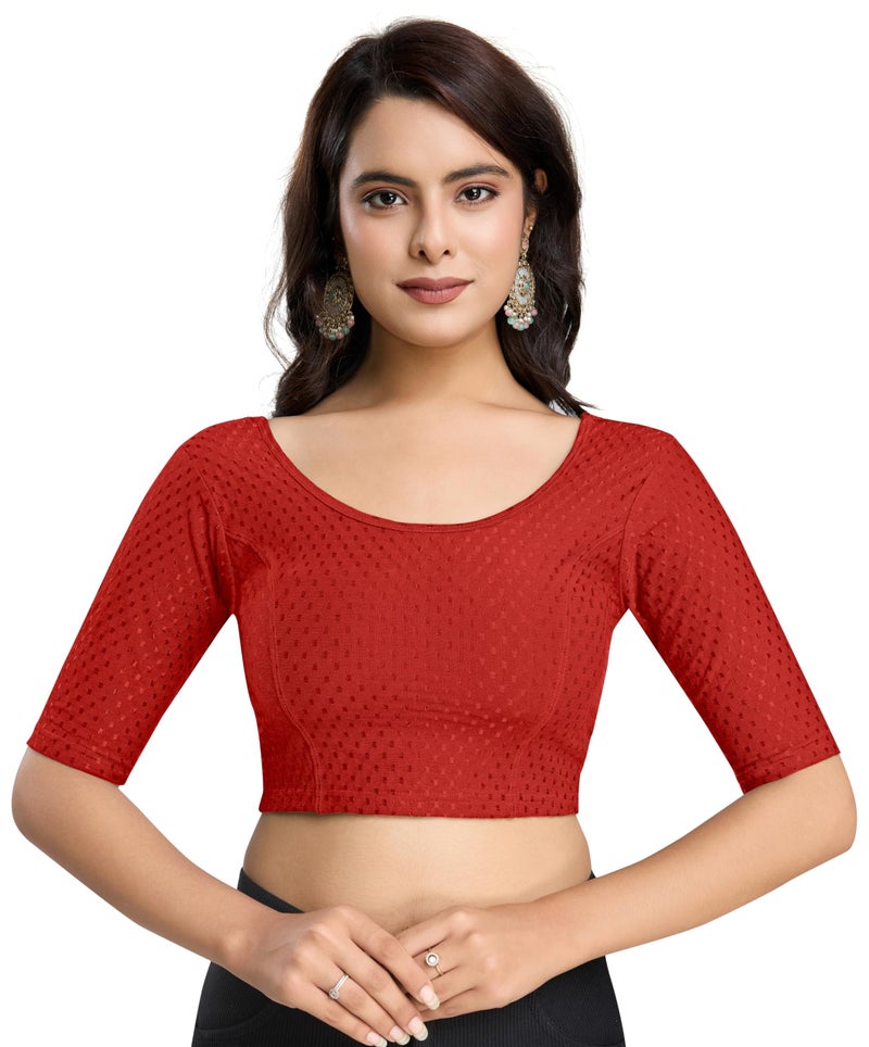 TRENDMALLS Women's Dobby Pure Cotton Elastin Stretchable Readymade Blouse (B01-Red-XL) - Image 1