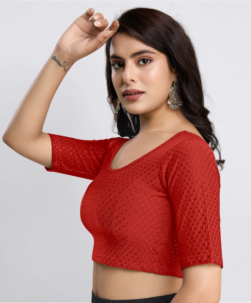 TRENDMALLS Women's Dobby Pure Cotton Elastin Stretchable Readymade Blouse (B01-Red-XL) - Image 4
