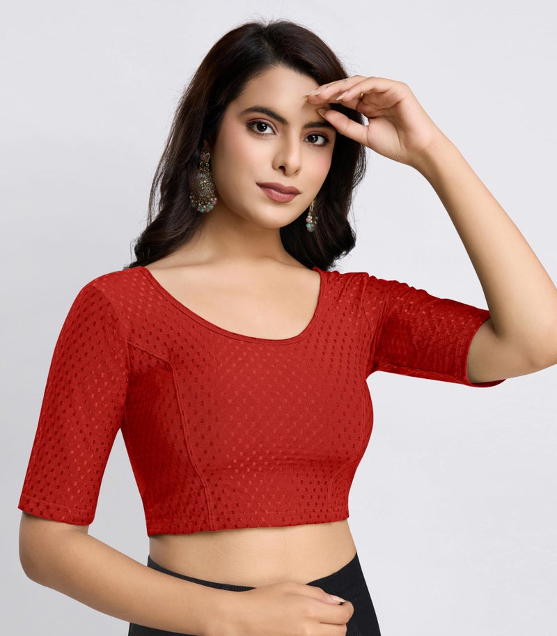 TRENDMALLS Women's Dobby Pure Cotton Elastin Stretchable Readymade Blouse (B01-Red-XL) - Image 5
