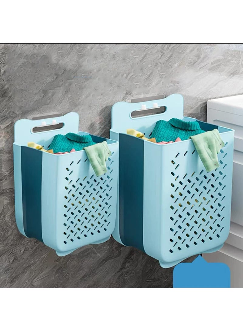 سلة غسيل بلاستيكية قابلة للطي بتصميم معلق على الحائط، سلة متينة مقاومة للماء مع مقبض حمل - Image 1