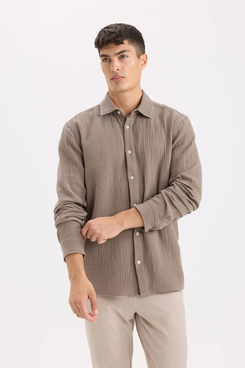 Defacto  Regular Fit Polo Collar Muslin Long Sleeve Shirt for Men | Best Price UAE