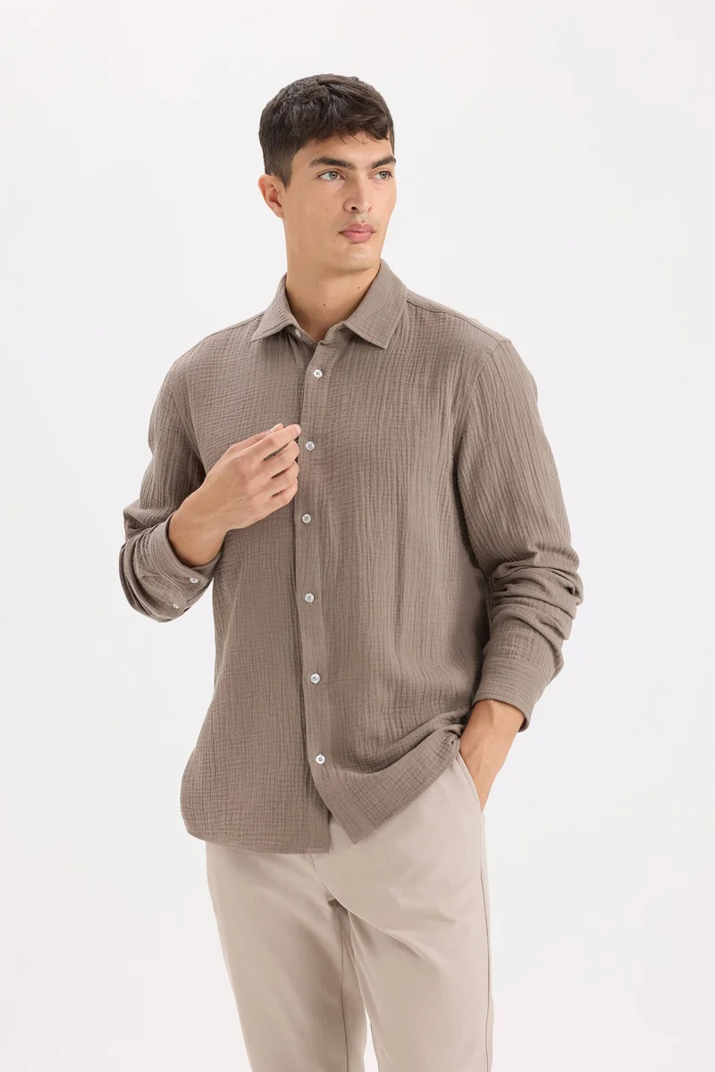 Defacto  Regular Fit Polo Collar Muslin Long Sleeve Shirt for Men | Best Price UAE