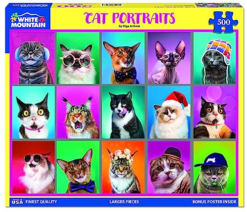 White Mountain 500 Piece Jigsaw Puzzle Funny Collage Cats Puzzles with Large Pieces Gift for Adults 18x24 Cat Portraits - Image 5