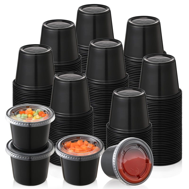 Aozita AOZITA 12055 oz Black Portion Cups Small Plastic Containers with Lids Airtight and Stackable Souffle Cups Salad Dressing Container Sauce Cups Condiment Cups for Lunch Party to Go Trips 