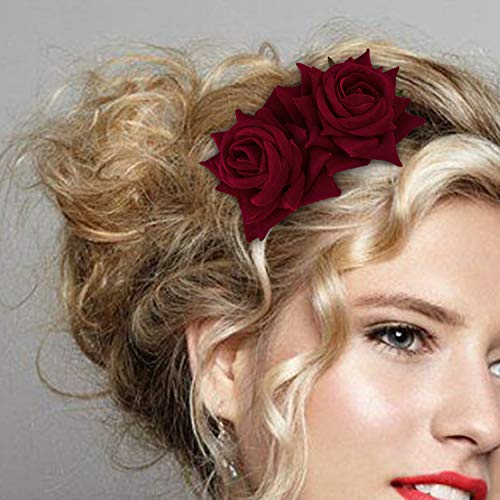 CROWN GUIDE دليل التاج - مجموعة من 2 مشط شعر زهور الورد للعرائس - إكسسوارات شعر للنساء لحفلات الزفاف - قطع للعرائس - تسريحات راقصي الفلامنكو - أحمر - Image 2