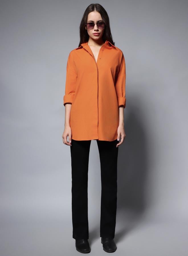 HIGH STAR Women'S Orange 100% Cotton Solid Pattern Button Down Shirt - Image 1