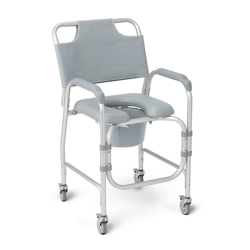 Medline Aluminum Padded Shower Chair Commode with 4 Locking Casters 300 lbs Capacity For Restroom Bathroom Wheelchair Transfer to Toilet 1 Ct - Image 3