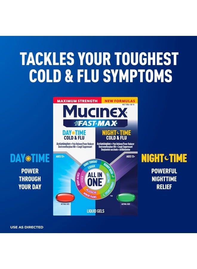 MUCINEX Fast-Max Maximum Strength Day & Night Cold and Flu Medicine for Adults, Powerful Over-The-Counter Medication for Cold & Flu Symptoms, Fast Dissolving Liquid Gels, 24 Count - Image 2