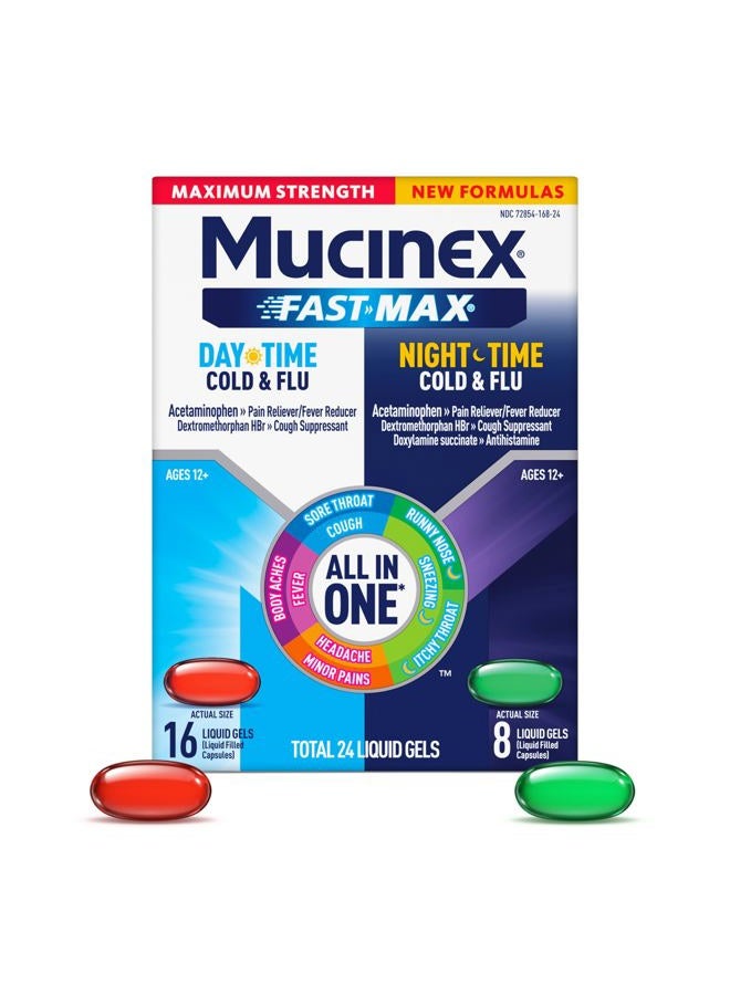 MUCINEX Fast-Max Maximum Strength Day & Night Cold and Flu Medicine for Adults, Powerful Over-The-Counter Medication for Cold & Flu Symptoms, Fast Dissolving Liquid Gels, 24 Count - Image 1