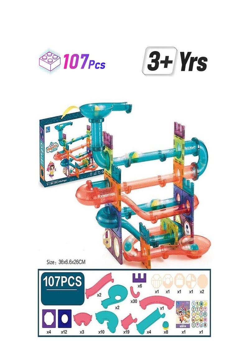 107 Pcs Marble Run Magnetic Tiles Race Track Building Blocks Building &Learning Educational Construction Toy Play Set for Kids Gift Boys Girls Ages 3 4 5 6 7 8+ Years Old Toys  - Image 1