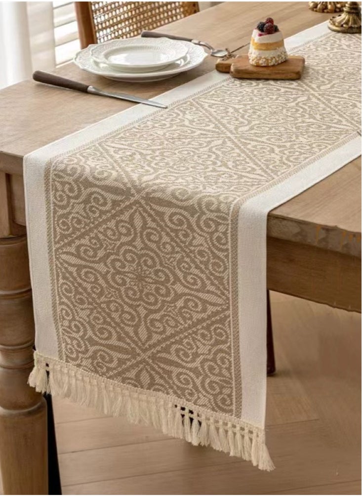 Kutis 1-Piece Geometric Tassel Table Runner Cotton and Linen White/Brown 180x35 cm  - Image 1