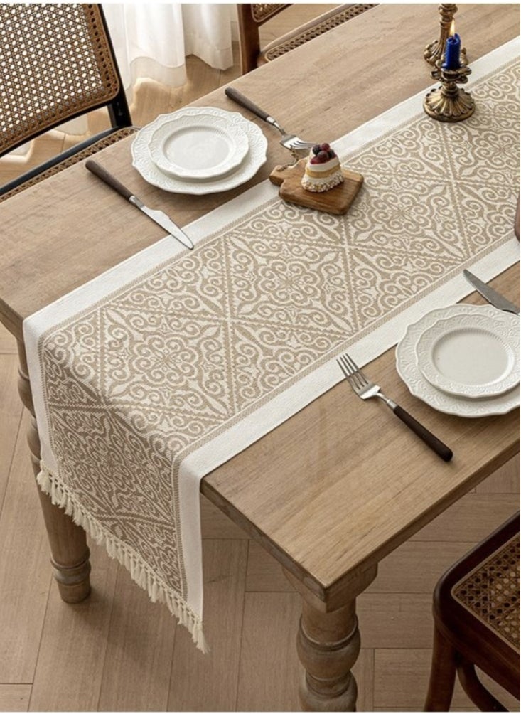 Kutis 1-Piece Geometric Tassel Table Runner Cotton and Linen White/Brown 180x35 cm  - Image 2