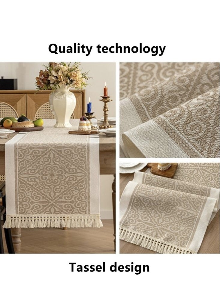 Kutis 1-Piece Geometric Tassel Table Runner Cotton and Linen White/Brown 180x35 cm  - Image 3