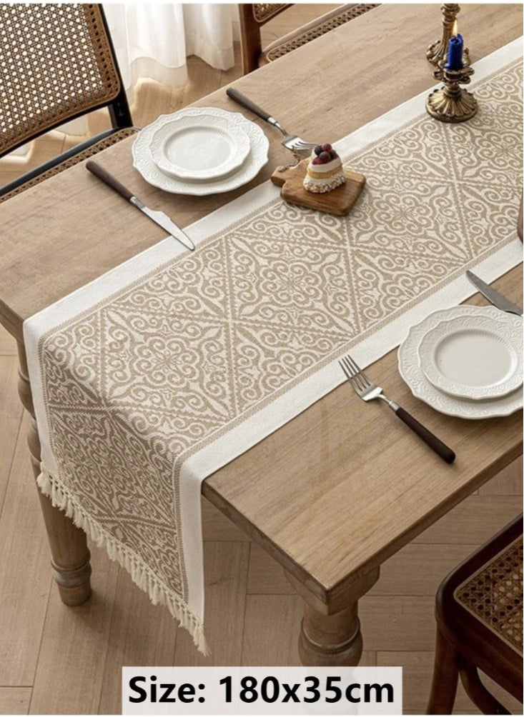 Kutis 1-Piece Geometric Tassel Table Runner Cotton and Linen White/Brown 180x35 cm  - Image 5