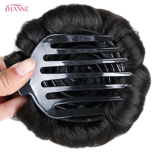 HANNE Hair Buns Hair Pieces for Women Fake Hair Bun Extension Hairs Chignon Pony Tail Bun Artificial Synthetic Tress Claw In Ponytail Hair Extension Women's Hairpiece (Natural Black) - Image 3