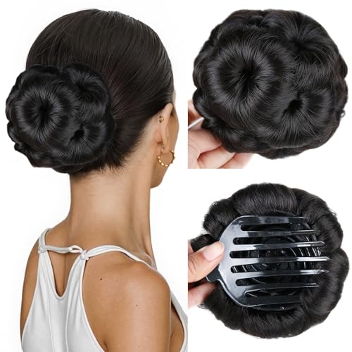HANNE Hair Buns Hair Pieces for Women Fake Hair Bun Extension Hairs Chignon Pony Tail Bun Artificial Synthetic Tress Claw In Ponytail Hair Extension Women's Hairpiece (Natural Black) - Image 1