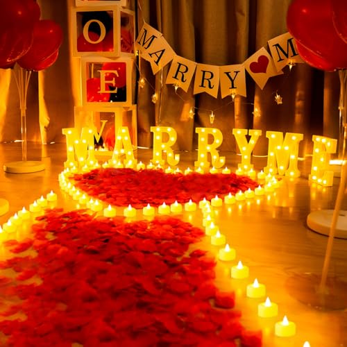 Homemory Marry Me Light Up Letters Proposal Decorations Marry Me Sign with 24Pcs Flameless Candles 2000Pcs Red Fake Rose Petals 30Pcs Red Balloons for Valentines Day Wedding Proposal Romantic Night - Image 1