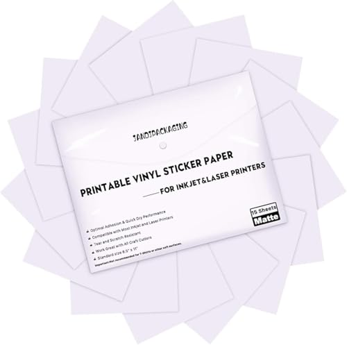 JANDJPACKAGING Printable Vinyl Sticker Paper - Waterproof Printable Vinyl for Laser & Inkjet Printer 15 Self-Adhesive Sheets - Matte White - Standard Letter Size 8.5"x11" - Image 1