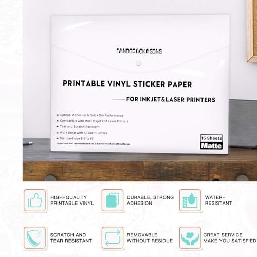 JANDJPACKAGING Printable Vinyl Sticker Paper - Waterproof Printable Vinyl for Laser & Inkjet Printer 15 Self-Adhesive Sheets - Matte White - Standard Letter Size 8.5"x11" - Image 2