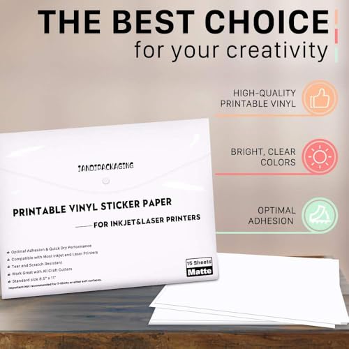 JANDJPACKAGING Printable Vinyl Sticker Paper - Waterproof Printable Vinyl for Laser & Inkjet Printer 15 Self-Adhesive Sheets - Matte White - Standard Letter Size 8.5"x11" - Image 3